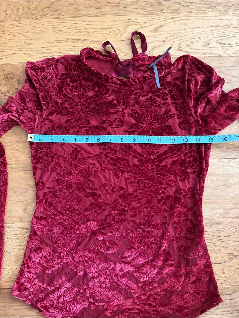 S - Anthropologie-Deep Burgundy Burnout Velvet Long-Sleeve Top with Lace-Up Back